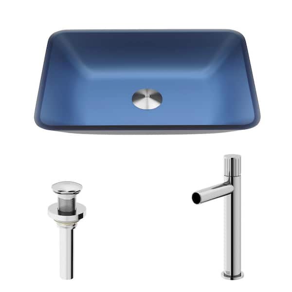 VIGO Royal Blue Sottile Matte Shell Rectangular Bathroom Vessel Sink with Ashford Vessel Faucet and Pop-Up Drain in Chrome