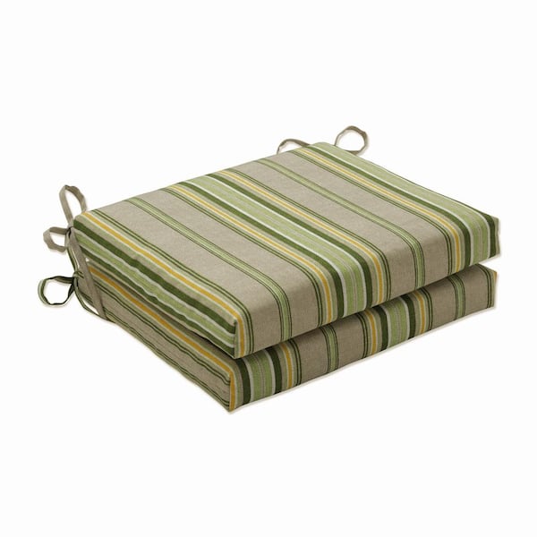 Pillow Perfect Striped 18.5 in. x 16 in. Outdoor Dining Chair Cushion in Green/Natural/Yellow (Set of 2)