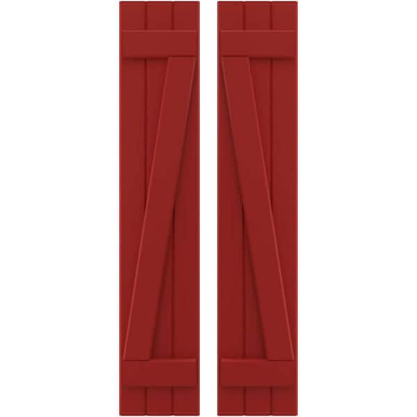 Ekena Millwork 10-1/2 in. W x 75 in. H Americraft 3 Board Exterior Real Wood Joined Board and Batten Shutters with Z-Bar Fire Red