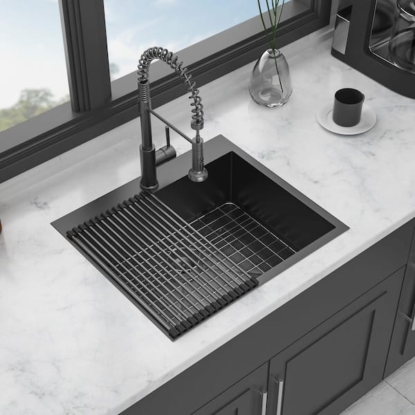 AKDY Matte Black Stainless Steel 25 in. x 22 in. Single Bowl Drop-In Kitchen  Sink with Accessories KS0517 - The Home Depot