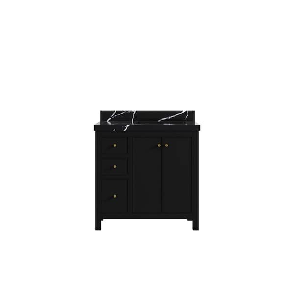 Willow Collections Chicago 36 in. W x 22 in. D x 36 in. H Single Right Offset Sink Bath Vanity in Black with 2 in. Calacatta Black qt. Top