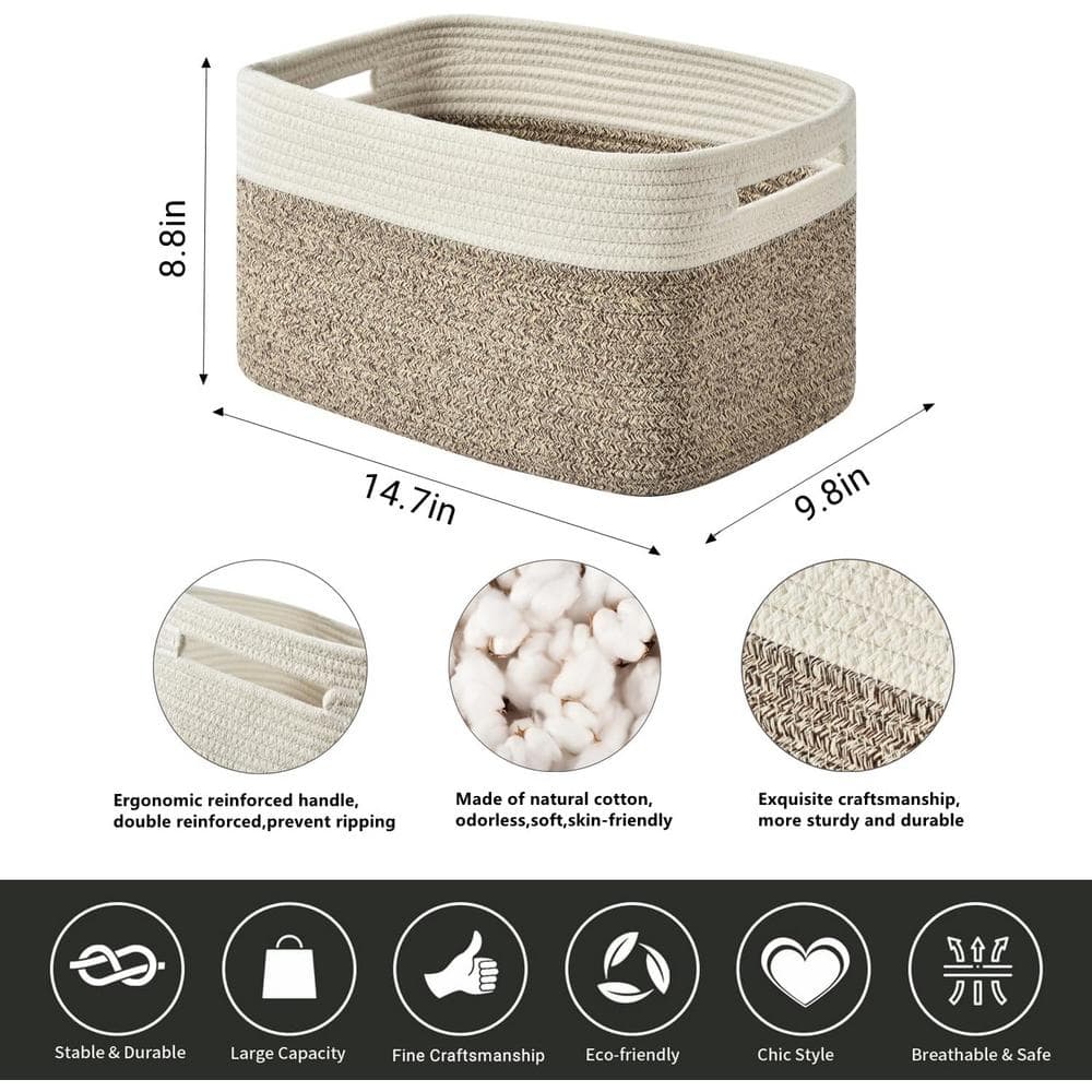 Set of 3 Beige Cotton Rope Storage Baskets