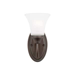 Holman 5.25 in. 1-Light Bronze Traditional Classic Wall Sconce with Satin Etched Glass Shade