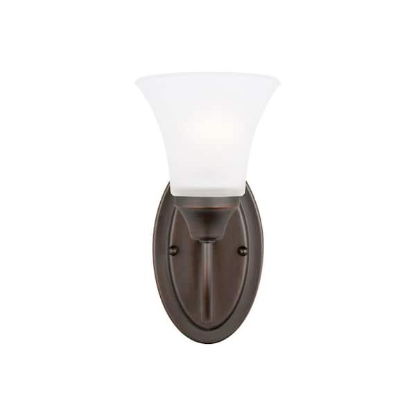 Generation Lighting Holman 5.25 in. 1-Light Bronze Traditional Classic Wall Sconce with Satin Etched Glass Shade and Dimmable LED Light Bulb