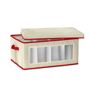 12 Qt. Ivory and Red Non-Woven Wine Glass Storage Box, 12 Sections with Lid and Window
