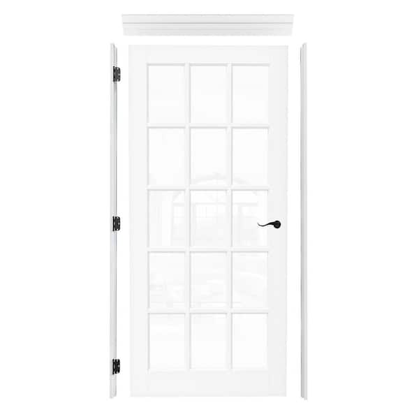 36 in. x 80 in. 15-Lite Clear Glass Right-Hand Primed Wood Assembly Required Interior Prehung Door+ Frame Set and Lever