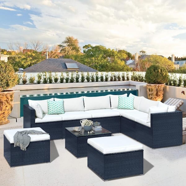 Tunearary 9-Piece Black PE Wicker Patio Conversation Set with Beige Removable Cushions