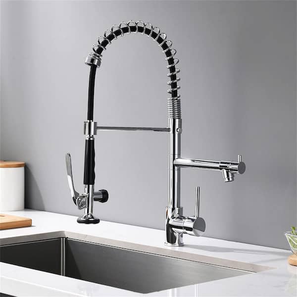 FLG Single Handle Commercial Pull Down Sprayer Kitchen Faucet Modern Single Hole Spring Brass Taps in Polished Chrome
