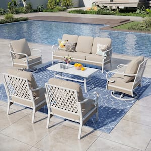 White 6-Piece Metal Outdoor Patio Conversation Seating Set with Swivel Chairs, Marbling Coffee Table and Beige Cushions