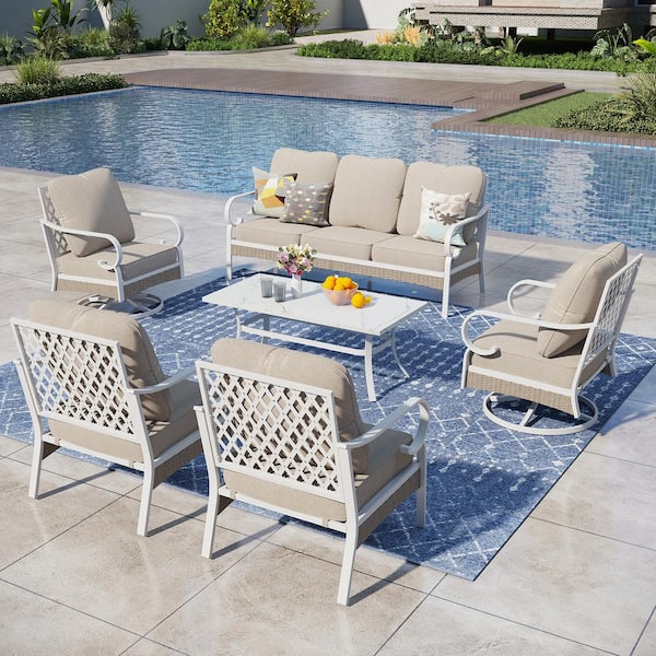 PHI VILLA White 6-Piece Metal Outdoor Patio Conversation Seating Set with Swivel Chairs, Marbling Coffee Table and Beige Cushions