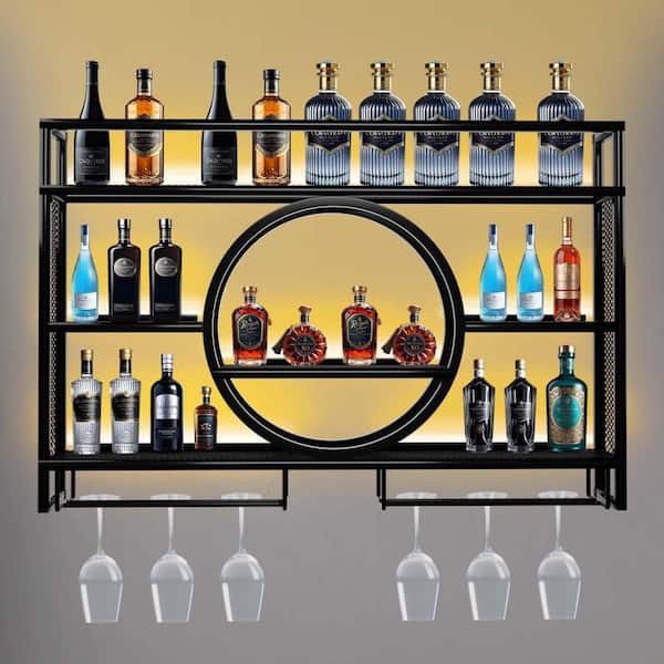 31 in. H x 39 in. W 24-Bottle Black Carbon Steel Wall Mounted Wine Rack with LED Lights for Home Bar and Dining Room