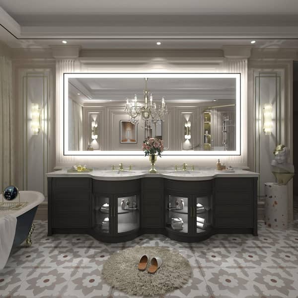 77 in.W x 36 in.H Rectangular Framed UL Certified Front and Back LED Anti-Fog Tempered Glass Wall Bathroom Vanity Mirror