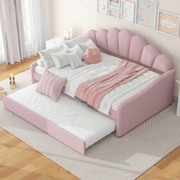 Pink Full Upholstered Daybed with Shall Shaped Backrest and Trundle