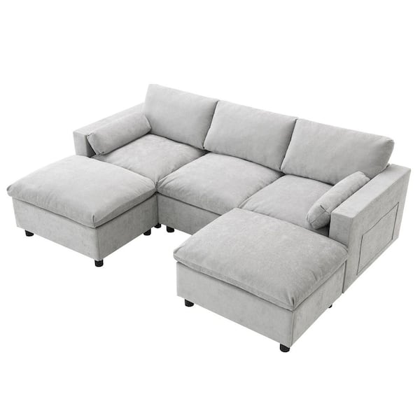 86.5 in. Straight Arm Chenille U Shaped Modular Sectional Sofa in Medium Gray with Storage Pockets, 2 Movable Ottoman