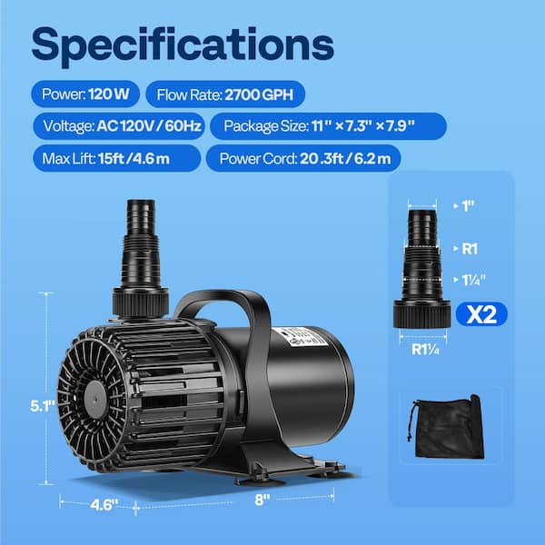 VIVOHOME Electric 120-Watt 0.16 HP 2700GPH Submersible Water Pool