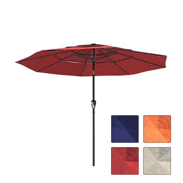 Clihome 11 ft. LED 3-Tier Market Patio Umbrella with Double Airvent in Red