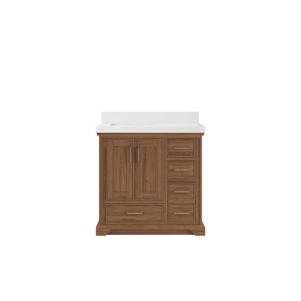 Willow Collections Charlotte Teak 36 in. W x 22 in. D x 36 in. H Left Offset Sink Bath Vanity in Dark Natural with 2" White Quartz Top