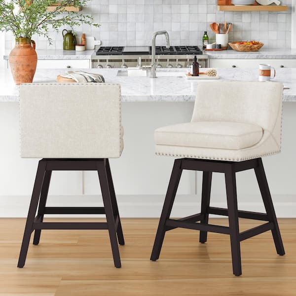 OrangeOne Zorro 27 in.Linen Fabric Upholstered Swivel Counter Stool Wood Frame Double Cushion Swivel Bar Stool Set of 2