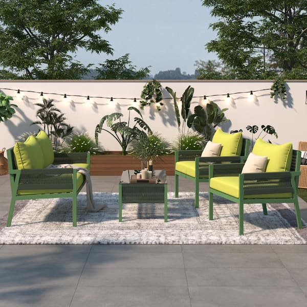 AUTMOON 4-Piece Rope Patio Conversation Set with Coffee Table (Fluorescent Yellow and Green)