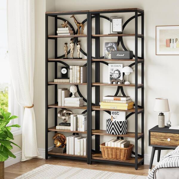 BYBLIGHT Eulas 78.7 in. Tall Brown Wood 7-Shelf Etagere Bookcase Bookshelf Large Open Display Storage Rack, Set of 2