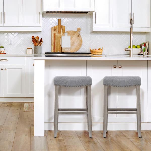 Jameson 29 in. Bar Height Antique Gray Wood Backless Barstool with Gray Linen Upholstered Saddle Seat Stool (Set of 2)
