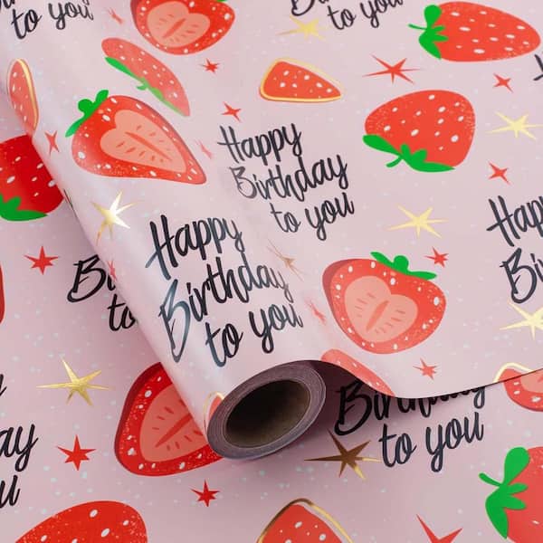 Pink Strawberry Wrapping Paper Roll 17 in. x 32.8 ft. Gold Leaf Star Design for Birthday Valentines Mothers Day