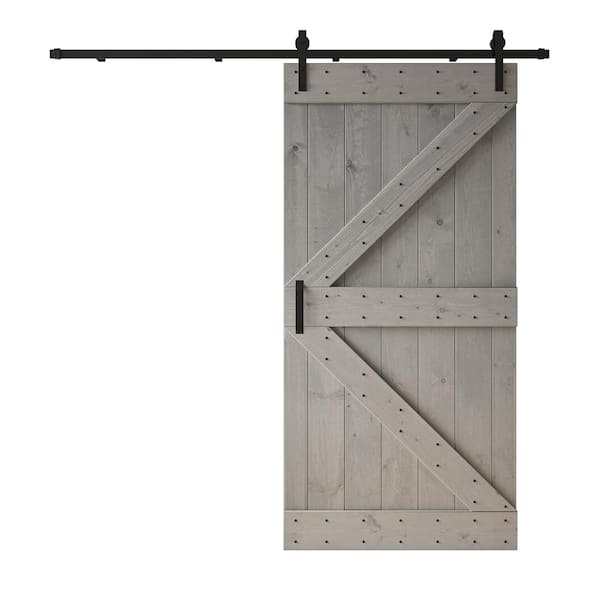 COAST SEQUOIA INC K Series 42 in. x 84 in. Light Grey DIY Knotty Pine Wood Sliding Barn Door with Hardware Kit