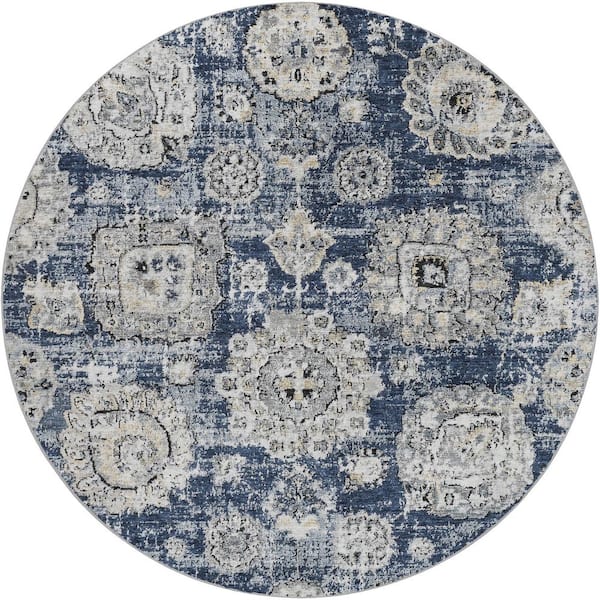 Dream Shag Premium Machine Washable Abstract ADS634 Navy 8 ft. x 8 ft. Round Rug
