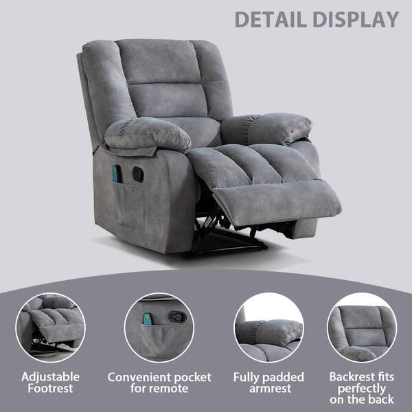 Gray Overstuffed Fabric Recliner Chairs with 8-Point Vibration Massage Manual Pull Recliner with Time Setting