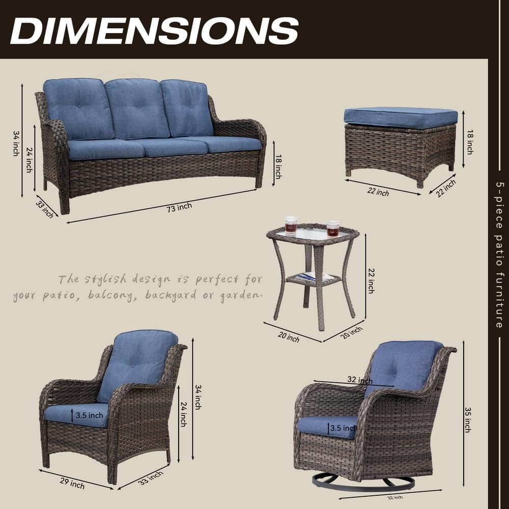 8-Piece Blue Cushioned Wicker Patio Conversation Set with Swivel Rocking Chairs