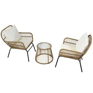 3-Piece Outdoor Patio Porch Natural Wicker Chair with Beige Cushion and Round Tempered Glass Table Furniture Set