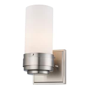 Fusion 1-Light Brushed Nickel Indoor Wall Sconce Light Fixture with Frosted Glass Shade