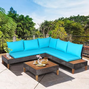 4-Pieces Wicker Patio Conversation Set Loveseat Wooden Side Table with Turquoise Cushions