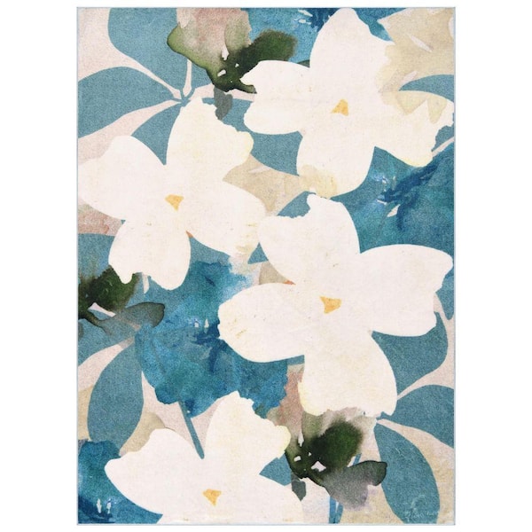 Peach Teal Floral, 8'x10' Hand Washable Flowers Art Area Rug, power-loomed, 100% polyester, 2mm pile, non-slipping back.