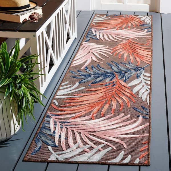 Cabana Brown/Blue 2 ft. x 9 ft. High-Low Abstract Leaf Indoor/Outdoor Runner Rug