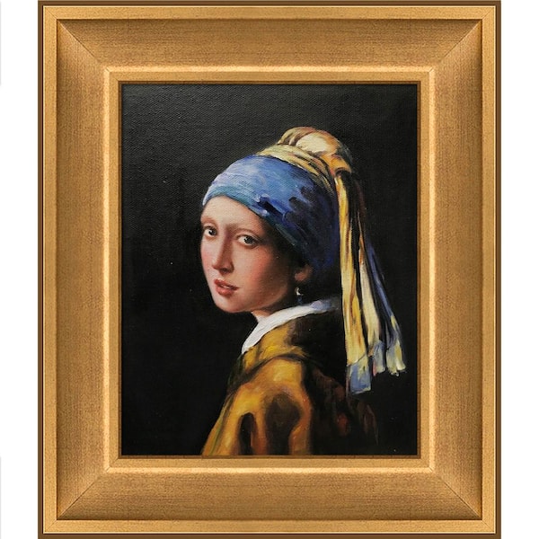 LA PASTICHE Girl with a Pearl Earring by Johannes Vermeer Muted Gold Glow Framed People Painting Art Print 24 in. x 14 in.
