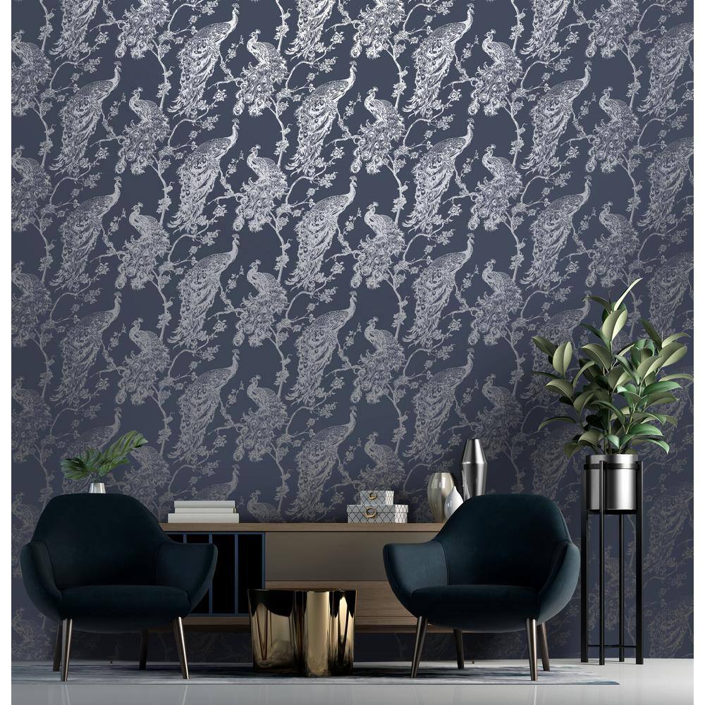 Navy Blue Metallic Peacock Trail Wallpaper 396in x 20.8in