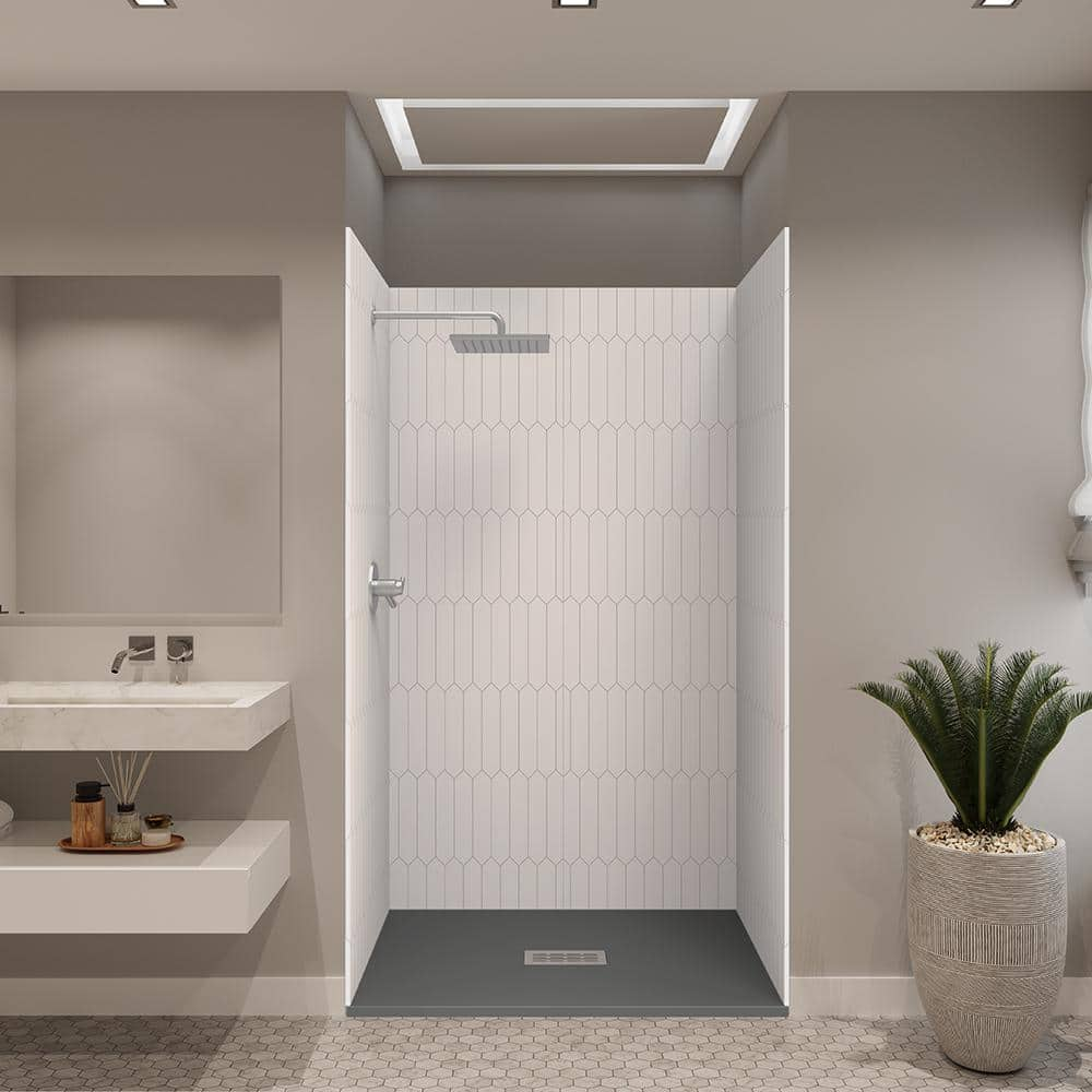 48 in. L x 34 in. W x 84 in. H Solid Composite Stone Shower Kit with Gray Picket Walls & Cntr Graphite Sand Shower Pan -  CASTICO, K1C1S3448GRGPGP