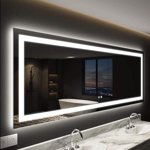 FNEEHY 55 in. W x 36 in. H Large Rectangular Frameless Front and Backlit Dimmable Bathroom Vanity Mirror in Shatterproof Glass
