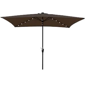 10x6.5ft.Steel Solar LED Lighted Market Umbrella with Crank & Push Button Tilt for Garden Backyard Pool in Chocolate