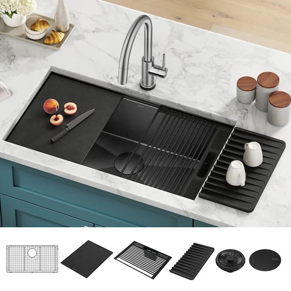 Rivet16 Gauge Black Stainless Steel 32 in. Single Bowl Undermount Workstation Kitchen Sink in PVD Gunmetal Finish