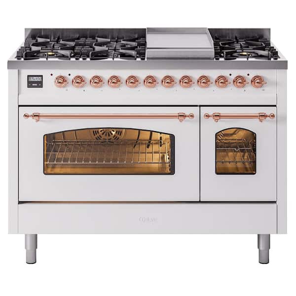 ILVE Nostalgie II 48 in. 8-Burner Plus Griddle Double Oven Natural Gas Dual Fuel Range in White with Copper Trim