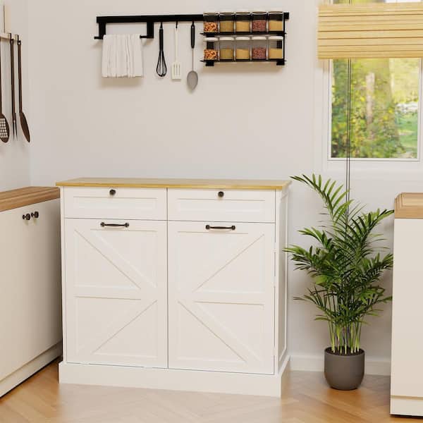 White Wood Pantry Organizer with 2 Drawers and 1 Tilt Out Trash