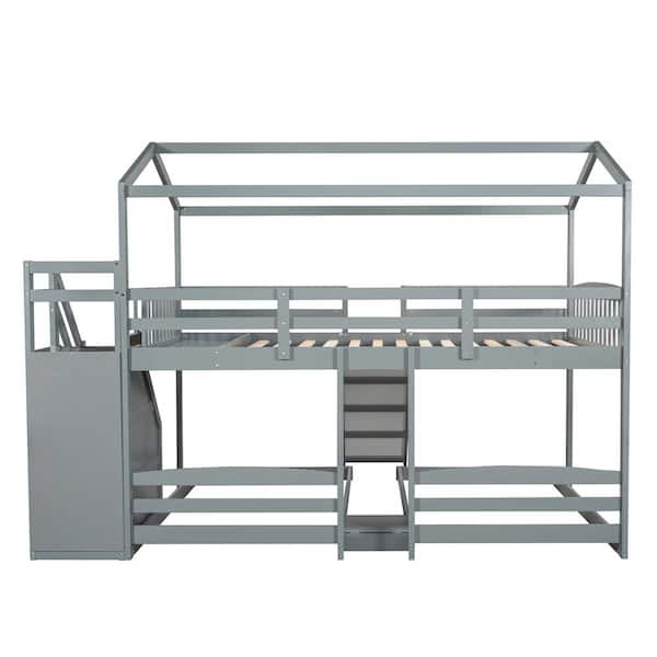 Z-joyee White Twin Over Full Bunk Bed with 2-Drawers and Staircase