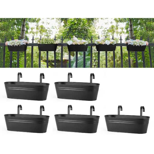 Black Metal Hanging Planter Buckets with Detachable Hooks, 15.7 in. Railing Flower Pots for Garden Fence Yard (5-Pack)