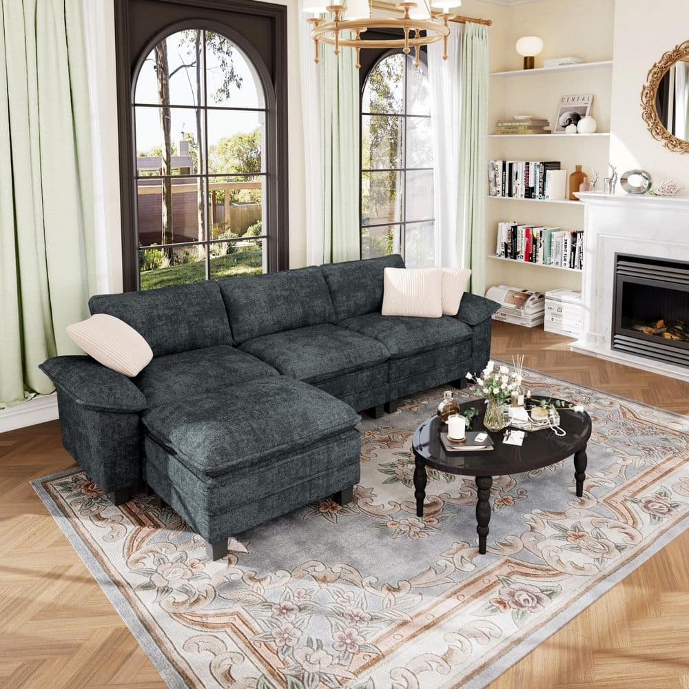 123.6 in. Flared Arm 4-Seat Chenille Modular Sectional Sofa in Cerulean-Dark-Cyan with Throw Pillows and Ottoman price history on PriceWatchPro