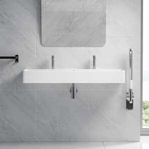Turner 44 in. White Vitreous China Rectangular Wall-Mount Bathroom Trough Vessel Sink w/ Double Faucet Hole and Overflow