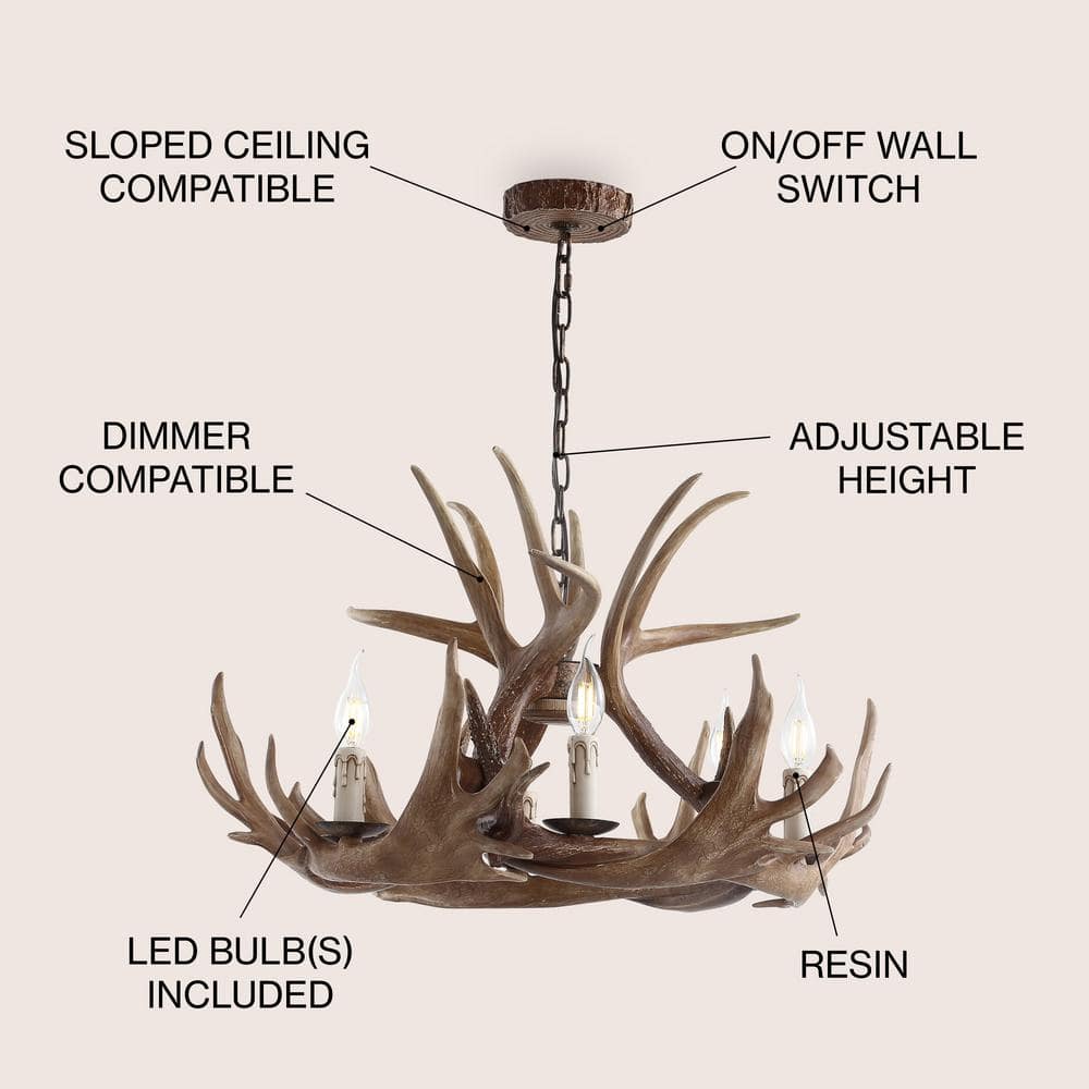 Nelle Adjustable 28.5" Brown Resin Antler 6-Light Chandelier