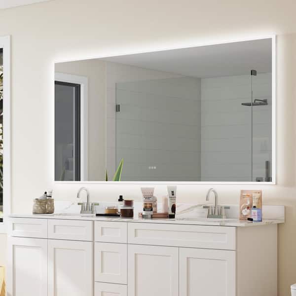 ANGELES HOME 84 in. x 42 in. Large Rectangular Acrylic Framed Wall Anti Fog Dimmable LED Bathroom Vanity Mirror with Lights in White