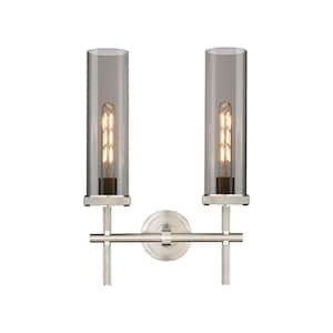 Lincoln 13.88 in. 2-Light Satin Nickel Vanity Light with Glass Shade